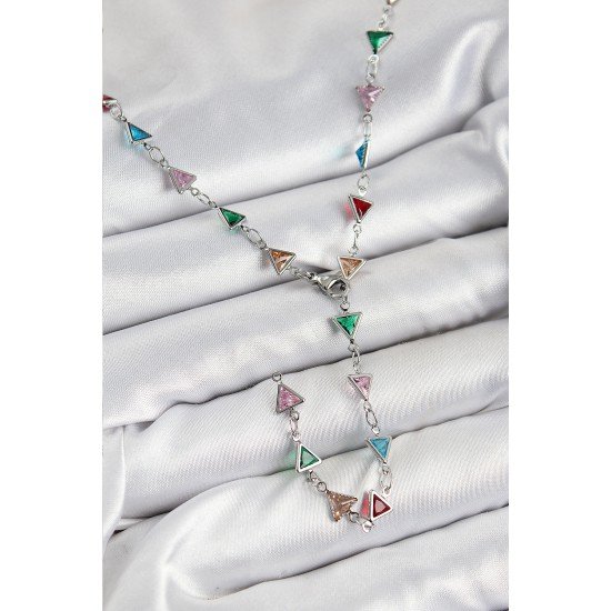 Pirinç Renkli Zirkon Taşlı Üçgen Model Gümüş Renk Kadın Y Kolye