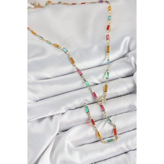 Pirinç Renkli Zirkon Taşlı Dikdörtgen Model Gold Renk Kadın Y Kolye