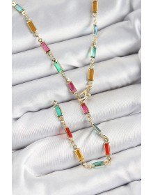 Pirinç Renkli Zirkon Taşlı Dikdörtgen Model Gold Renk Kadın Y Kolye