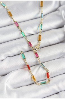 Pirinç Renkli Zirkon Taşlı Dikdörtgen Model Gold Renk Kadın Y Kolye