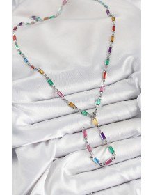 Pirinç Renkli Zirkon Taşlı Dikdörtgen Model Gümüş Renk Kadın Y Kolye