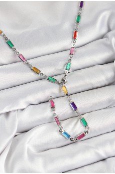 Pirinç Renkli Zirkon Taşlı Dikdörtgen Model Gümüş Renk Kadın Y Kolye