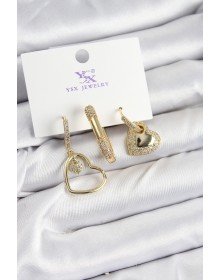 Pirinç Zİrkon Taşlı Kalp Model Gold Renk 3'lü Kadın Küpe