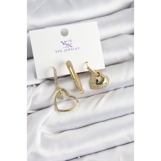 Pirinç Zİrkon Taşlı Kalp Model Gold Renk 3'lü Kadın Küpe Pirinç Zİrkon Taşlı Kalp Model Gold Renk 3'lü Kadın Küpe