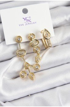 Pirinç Zİrkon Taşlı Geometrik Model Gold Renk 3'lü Kadın Küpe