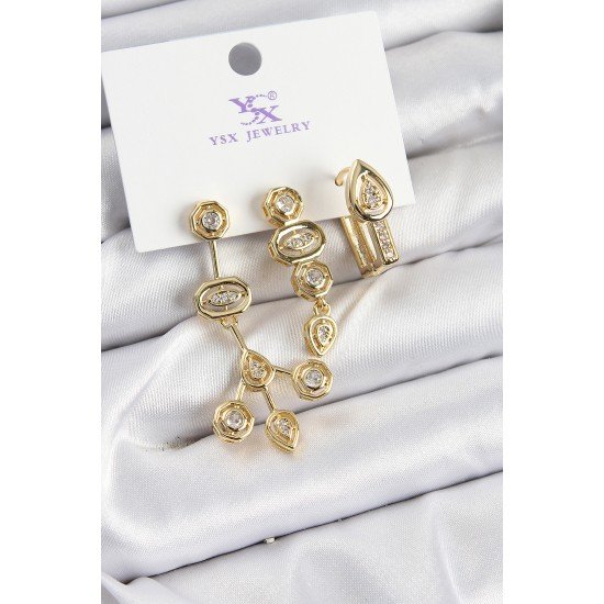 Pirinç Zİrkon Taşlı Geometrik Model Gold Renk 3'lü Kadın Küpe