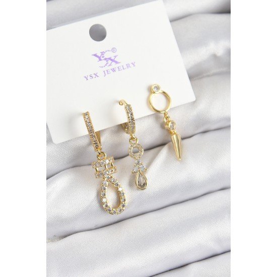 Pirinç Zİrkon Taşlı Sallantılı Model Gold Renk 3'lü Kadın Küpe