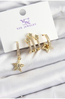 Pirinç Zİrkon Taşlı Sallantılı Yıldız Model Gold Renk 3'lü Kadın Küpe