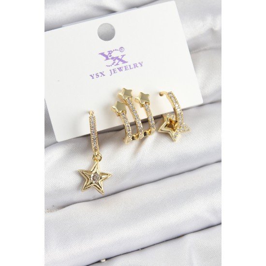 Pirinç Zİrkon Taşlı Sallantılı Yıldız Model Gold Renk 3'lü Kadın Küpe