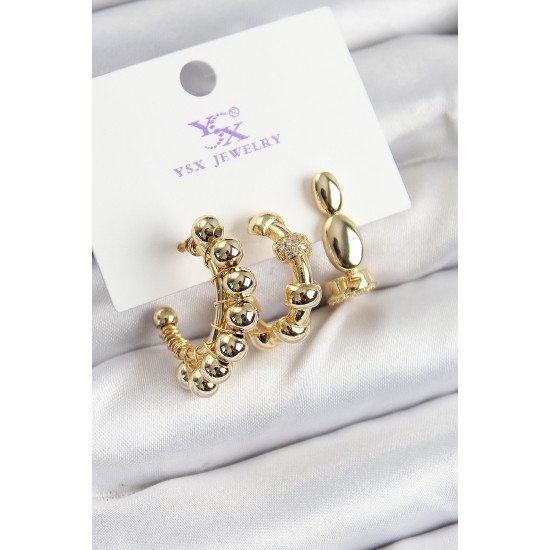 Pirinç Zİrkon Taşlı Halka Model Gold Renk 3'lü Kadın Küpe