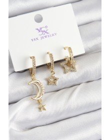 Pirinç Zİrkon Taşlı Ay Ve Hilal Model Gold Renk 3'lü Kadın Küpe