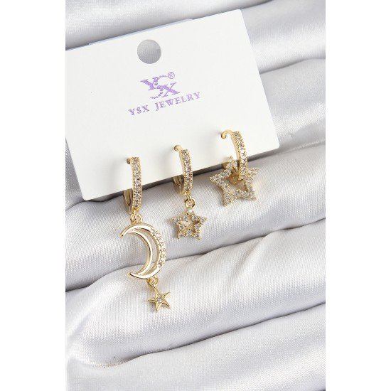 Pirinç Zİrkon Taşlı Ay Ve Hilal Model Gold Renk 3'lü Kadın Küpe