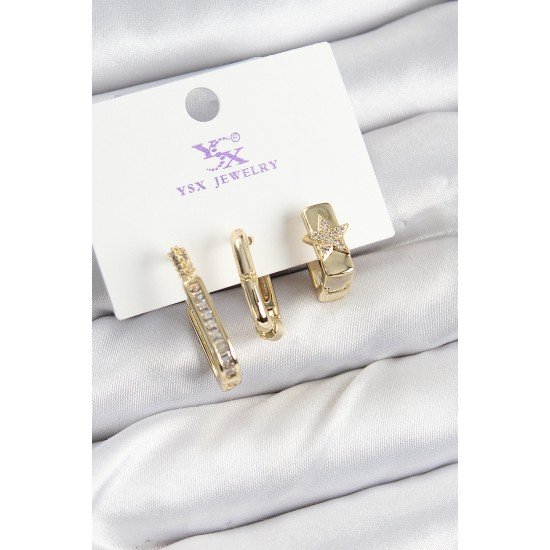 Pirinç Zİrkon Taşlı Yıldız Model Gold Renk 3'lü Kadın Küpe