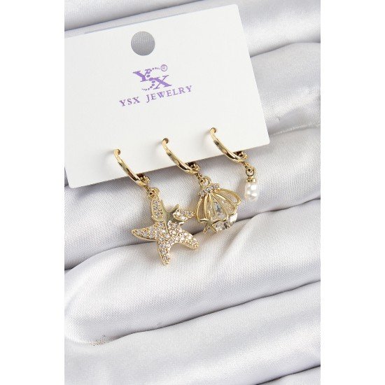 Pirinç Zİrkon Taşlı Deniz Yıldızı Ve İstiridye Model Gold Renk 3'lü Kadın Küpe