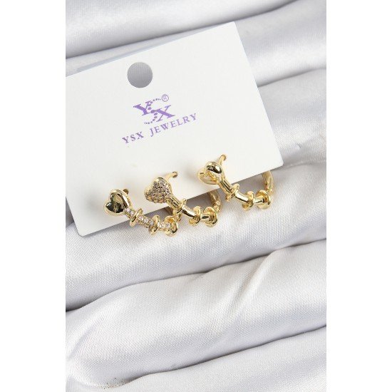 Pirinç Zİrkon Taşlı Kalp Model Gold Renk 3'lü Kadın Küpe