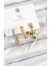 Pirinç Zİrkon Taşlı Kalp Model Gold Renk 3'lü Kadın Küpe
