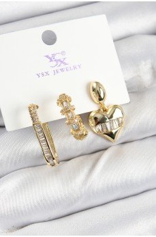 Pirinç Zİrkon Taşlı Kalp Model Gold Renk 3'lü Kadın Küpe