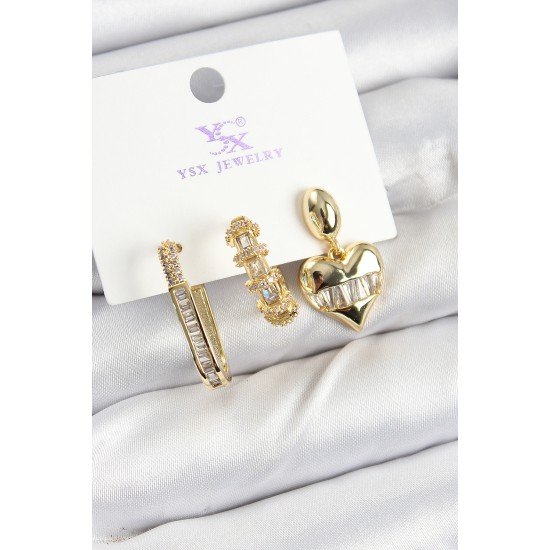 Pirinç Zİrkon Taşlı Kalp Model Gold Renk 3'lü Kadın Küpe