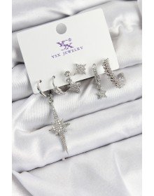 Pirinç Zİrkon Taşlı Kutup Yıldızı Model Gümüş Renk 3'lü Çift Kadın Küpe