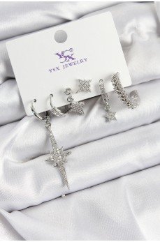 Pirinç Zİrkon Taşlı Kutup Yıldızı Model Gümüş Renk 3'lü Çift Kadın Küpe