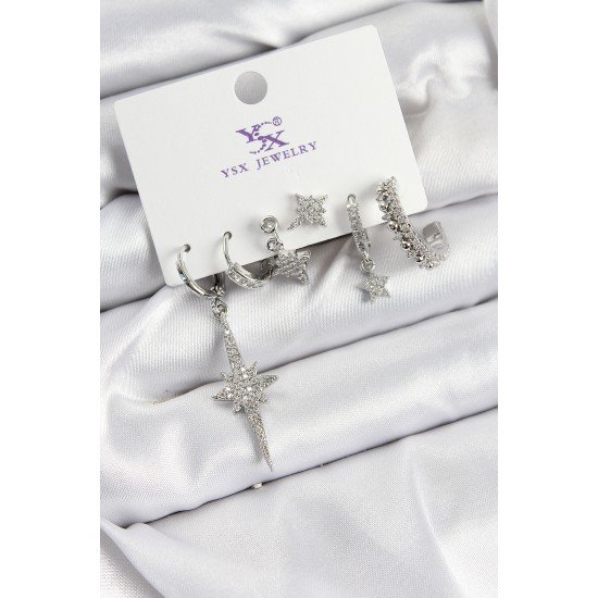 Pirinç Zİrkon Taşlı Kutup Yıldızı Model Gümüş Renk 3'lü Çift Kadın Küpe