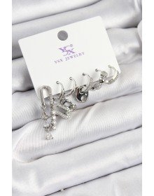 Pirinç Zİrkon Taşlı Dikdörtgen Model Gümüş Renk 3'lü Çift Kadın Küpe