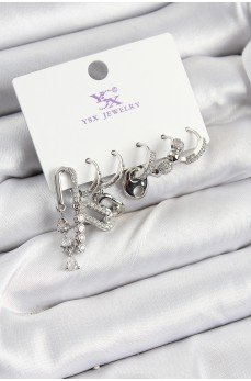 Pirinç Zİrkon Taşlı Dikdörtgen Model Gümüş Renk 3'lü Çift Kadın Küpe