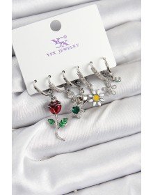 Pirinç Zİrkon Taşlı Gül Ve Papatya Model Gümüş Renk 3'lü Çift Kadın Küpe