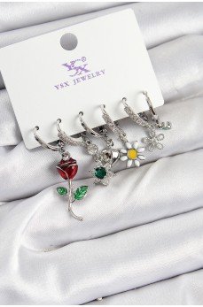 Pirinç Zİrkon Taşlı Gül Ve Papatya Model Gümüş Renk 3'lü Çift Kadın Küpe
