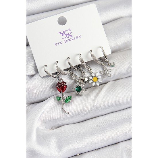 Pirinç Zİrkon Taşlı Gül Ve Papatya Model Gümüş Renk 3'lü Çift Kadın Küpe