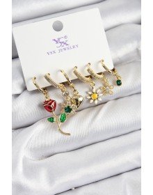 Pirinç Zİrkon Taşlı Gül Ve Papatya Model Gold Renk 3'lü Çift Kadın Küpe