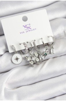 Pirinç Zİrkon Taşlı Kelebek ve Yıldız Model Gümüş Renk 3'lü Çift Kadın Küpe Pirinç Zİrkon Taşlı Kelebek ve Yıldız Model Gümüş Renk 3'lü Çift Kadın Küpe