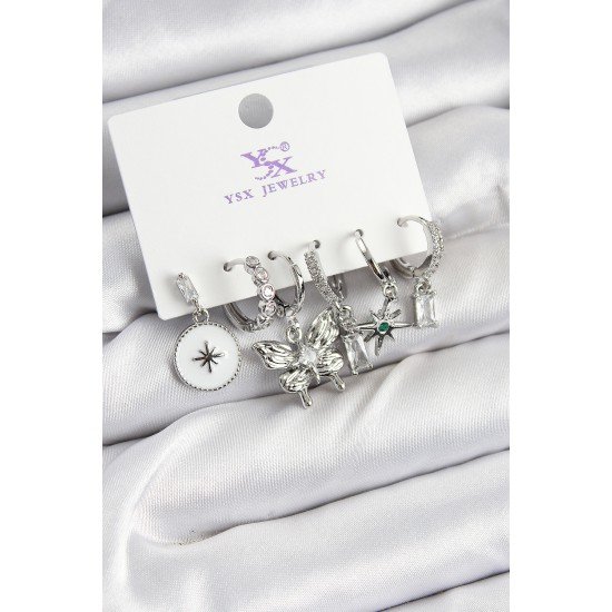 Pirinç Zİrkon Taşlı Kelebek ve Yıldız Model Gümüş Renk 3'lü Çift Kadın Küpe Pirinç Zİrkon Taşlı Kelebek ve Yıldız Model Gümüş Renk 3'lü Çift Kadın Küpe