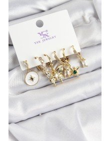 Pirinç Zİrkon Taşlı Kelebek ve Yıldız Model Gold Renk 3'lü Çift Kadın Küpe