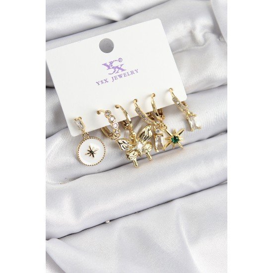 Pirinç Zİrkon Taşlı Kelebek ve Yıldız Model Gold Renk 3'lü Çift Kadın Küpe