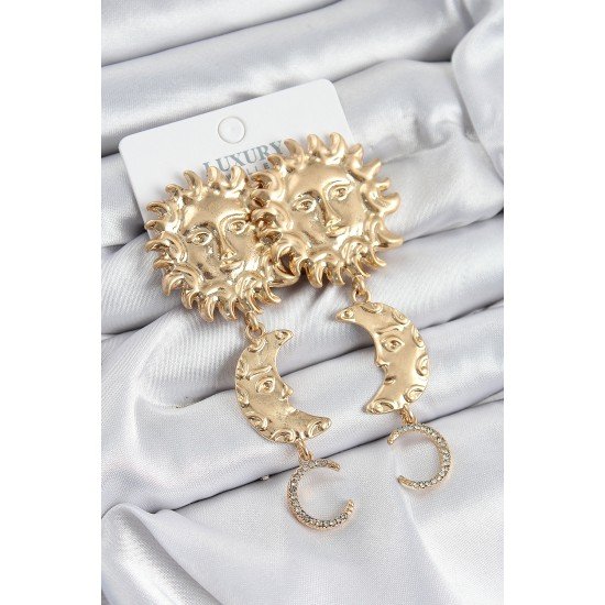 Pirinç Zirkon Taşlı Sallantılı Güneş Model Gold Renk Kadın Küpe