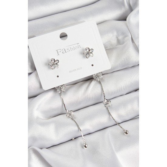 Pirinç Zirkon Taşlı Sallantılı Çiçek Model Gümüş Renk 925 Ayar Gümüş Çivi Kadın Küpe