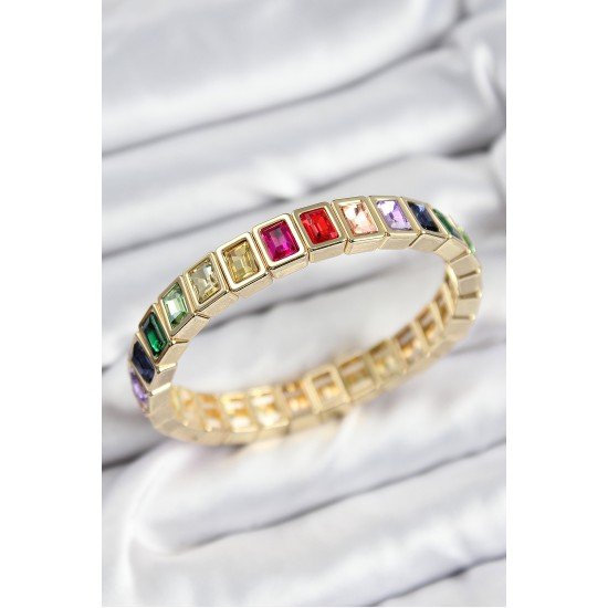 Pirinç Karışık Zirkon Taşlı Dikdörtgen Model Gold Renk Lastikli Kadın Bileklik Pirinç Karışık Zirkon Taşlı Dikdörtgen Model Gold Renk Lastikli Kadın Bileklik