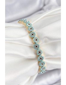 Pirinç Zirkon Taşlı Turkuaz Nazar Model Gold Renk Lastikli Kadın Bileklik