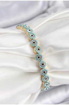 Pirinç Zirkon Taşlı Turkuaz Nazar Model Gold Renk Lastikli Kadın Bileklik