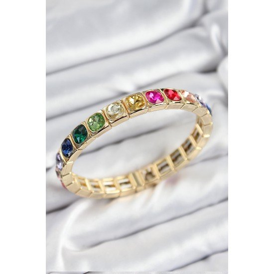 Pirinç Karışık Zirkon Taşlı Kare Model Gold Renk Lastikli Kadın Bileklik