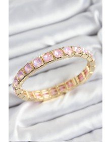 Pirinç Pembe Zirkon Taşlı Kare Model Gold Renk Lastikli Kadın Bileklik