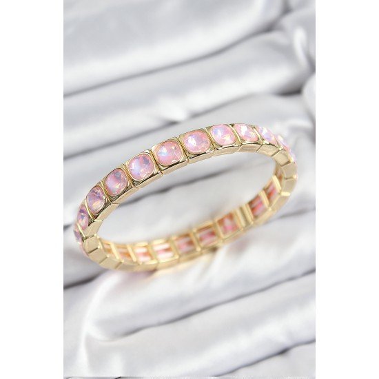 Pirinç Pembe Zirkon Taşlı Kare Model Gold Renk Lastikli Kadın Bileklik