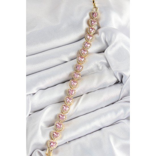 Pirinç Zirkon Taşlı Pembe Kalp Baget Model Gold Renk VIP Seri Kadın Bileklik