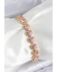 Pirinç Zirkon Taşlı Pembe Kalp Baget Model Gold Renk VIP Seri Kadın Bileklik