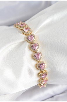 Pirinç Zirkon Taşlı Pembe Kalp Baget Model Gold Renk VIP Seri Kadın Bileklik