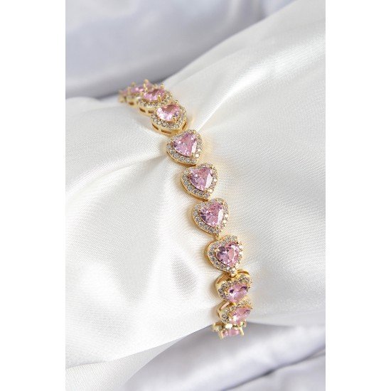 Pirinç Zirkon Taşlı Pembe Kalp Baget Model Gold Renk VIP Seri Kadın Bileklik
