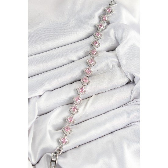 Pirinç Zirkon Taşlı Pembe Yonca Baget Model Gümüş Renk VIP Seri Kadın Bileklik