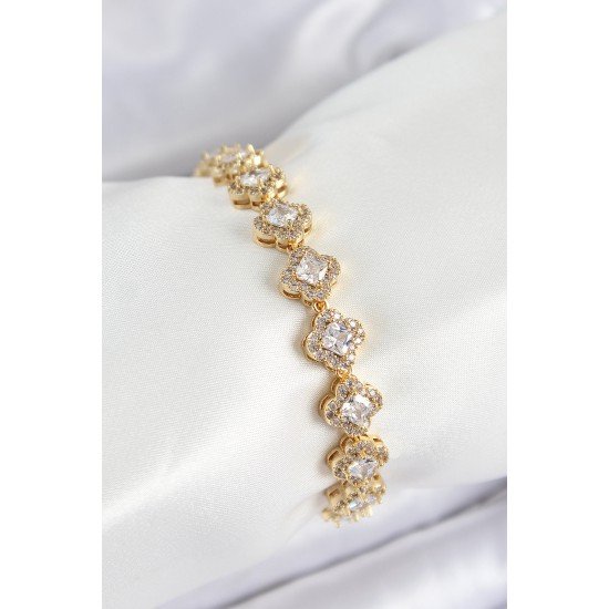 Pirinç Zirkon Taşlı Yonca Baget Model Gold Renk VIP Seri Kadın Bileklik