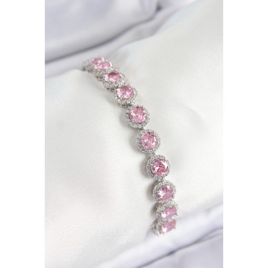 Pirinç Pembe Zirkon Taşlı Daire Baget Model Gümüş Renk VIP Seri Kadın Bileklik